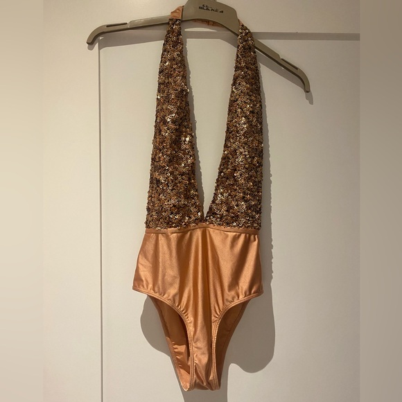 Urban Outfitters Tops - Sequin Halter Bodysuit in Bronze/rose gold